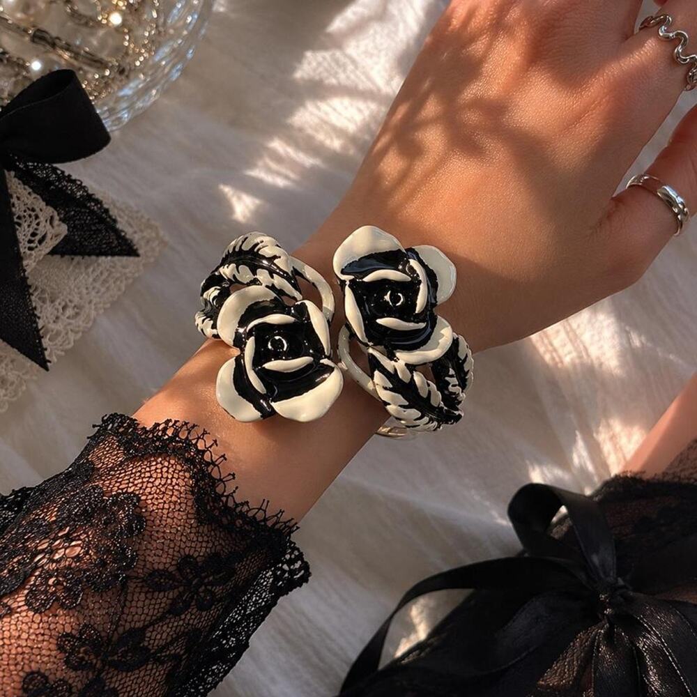 Black White Rose Statement Bracelet